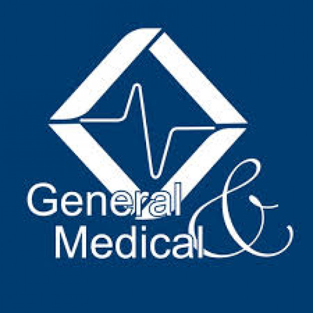 Logo with a diamond shape containing a pulse line, accompanied by the text "General & Medical" on a blue background.