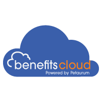 Logo of "benefits cloud, Powered by Petuurum" with a stylized blue cloud design.