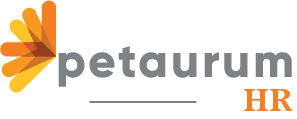 Logo with stylized orange and yellow arrowhead design, followed by the text "petaurum" in lowercase gray letters and "HR" in uppercase orange letters.
