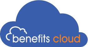 Blue cloud shape with the text "benefits cloud" inside, "benefits" in lowercase blue letters with a cloud outline and "cloud" in lowercase orange letters.