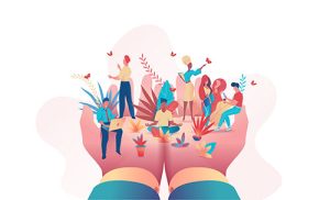 Illustration of diverse people engaging in activities, sitting and standing on two large open hands surrounded by plants and butterflies.