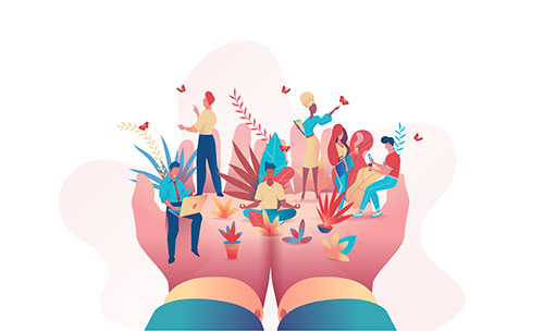 Illustration of diverse people engaging in activities, sitting and standing on two large open hands surrounded by plants and butterflies.