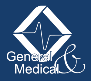 Logo with a white diamond shape and heartbeat line on a blue background. Text reads "General & Medical.