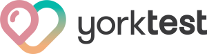 Yorktest logo featuring an interlocking heart design with pink, teal, and orange gradient next to the text "yorktest.