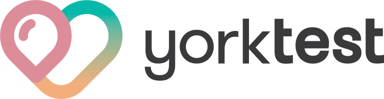 Yorktest logo featuring an interlocking heart design with pink, teal, and orange gradient next to the text "yorktest.