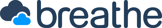 The image shows the word "breathe" with a cloud graphic on the left. The cloud is blue and white.