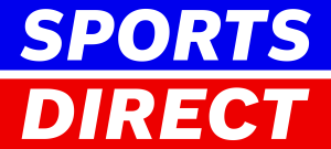 Logo reading "SPORTS DIRECT" in bold white letters, with a blue background for "SPORTS" and a red background for "DIRECT", separated by a thin black line.