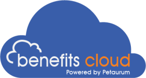 A blue cloud logo with the text "benefits cloud" in white and orange, and "Powered by Petaurum" in white below.