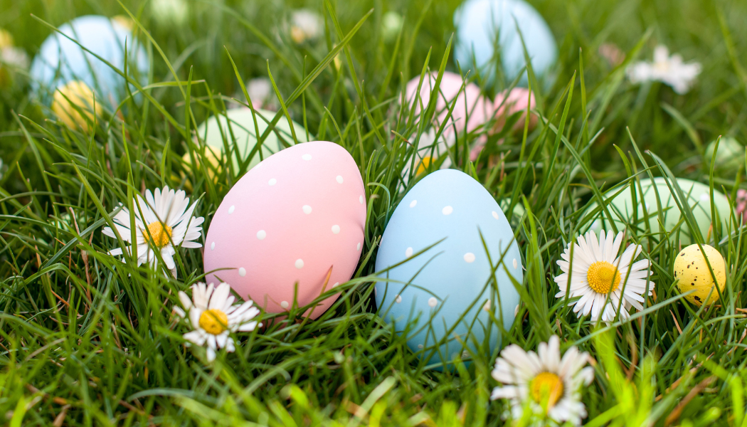 Colorful Easter eggs with polka dots are scattered in grass among white daisies.