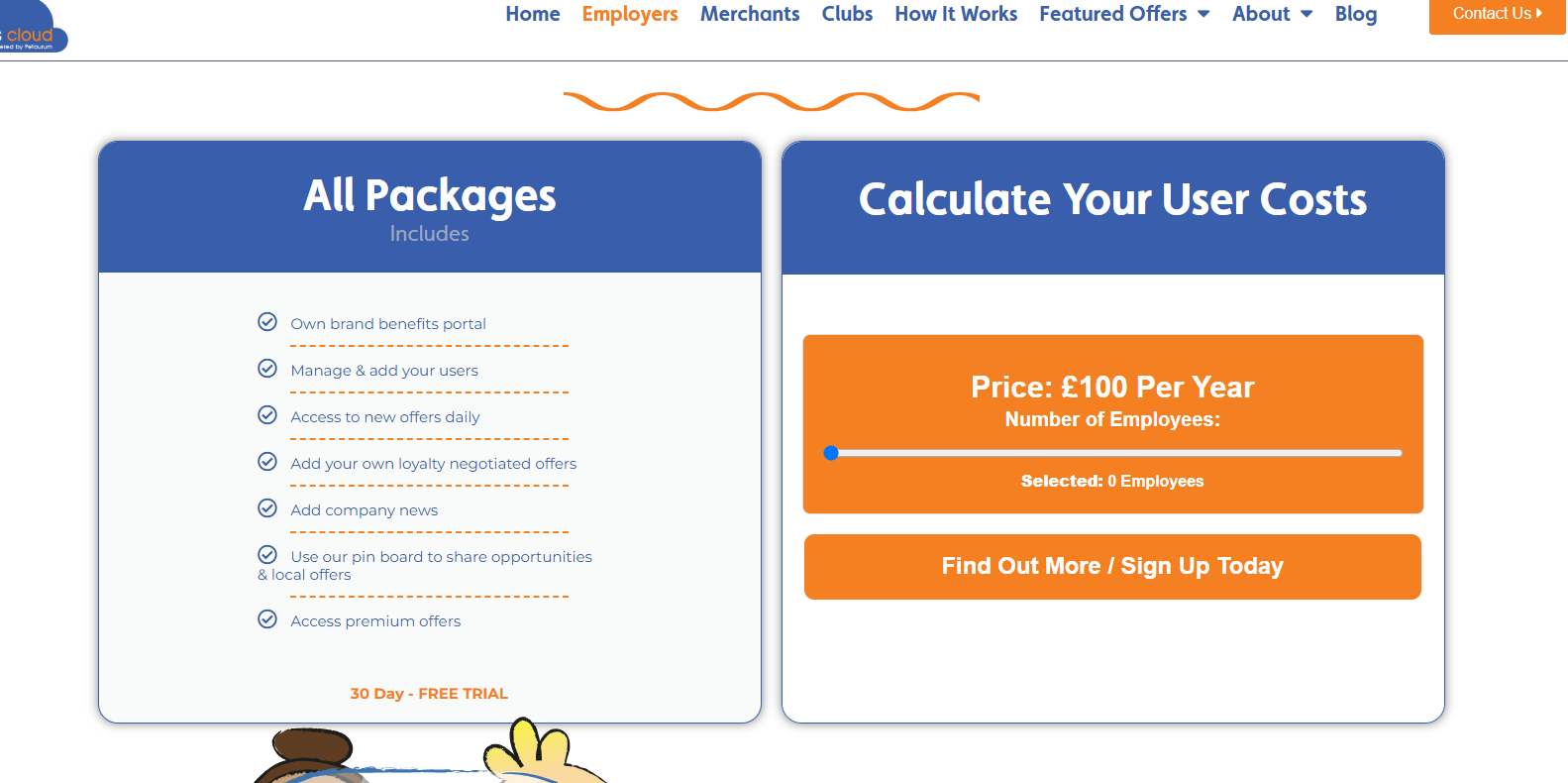 Screenshot of a benefits portal pricing page showing package features on the left and a user cost calculator with a price of £100 per year for 1 employee on the right.
