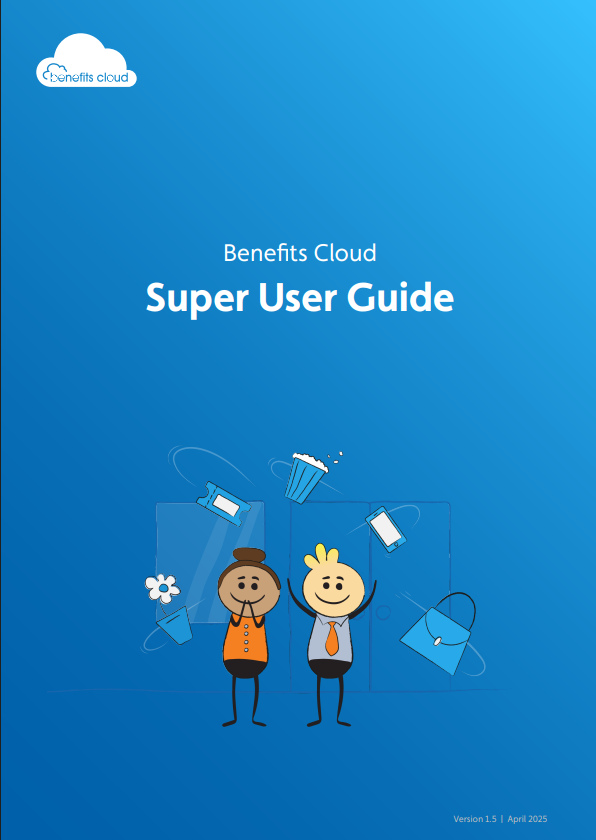 Cover of the Benefits Cloud Super User Guide, featuring two cartoon figures, a cloud logo, and floating icons of a coffee cup, notepad, bag, and mobile devices on a blue background.