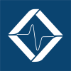 White geometric logo with a diamond shape and a zigzag line in the center on a blue background.